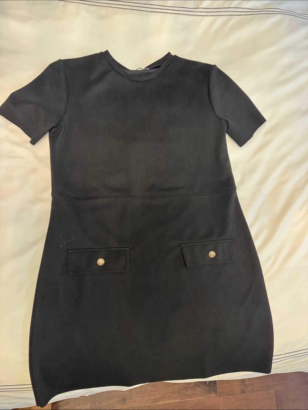 Zara Black Short-Sleeve Mini Dress with Gold Button Pockets